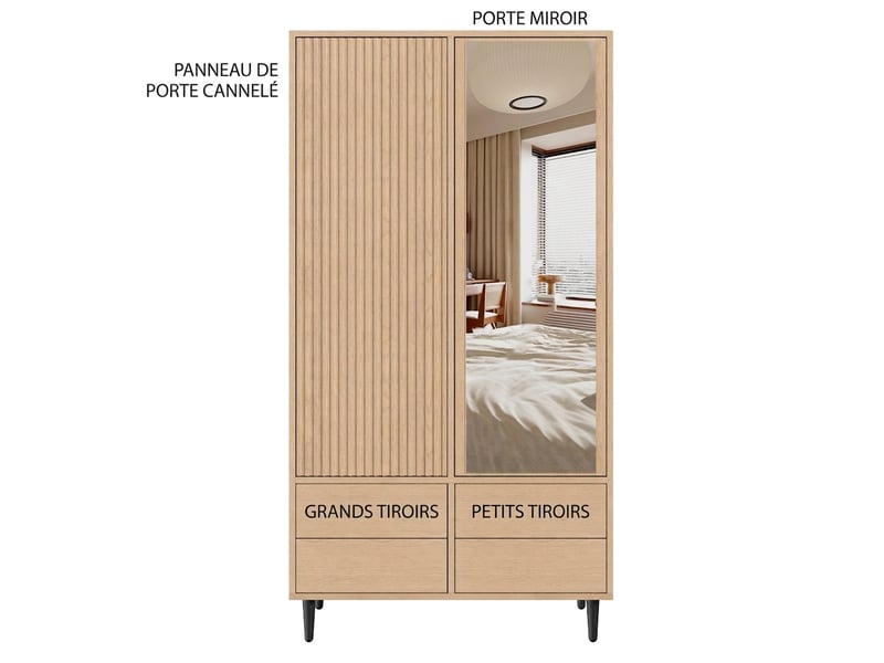  Armoire penderie 2 portes blanche et chêne 90x50x200 cm avec tiroirs  - Conforama E
