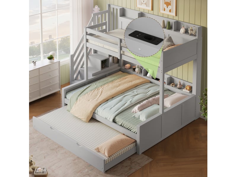 Lit superposé 4 places 90 × 200 cm et 140 × 200 cm, lit gigogne 90 × 190 cm, usb, rangement, sans matelas, bois gris - Conforama E