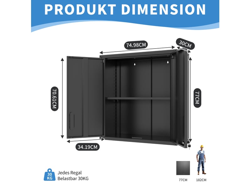  Armoire à outils murale 75x30x77 cm noire en acier allié, 2 portes verrouillables et étagère réglable  - Conforama C