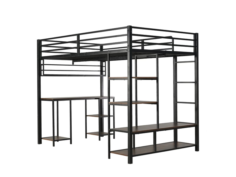  Lit superposé en métal avec bureau et étagère 120x200 cm noir et noyer foncé métal et bois rangement  - Conforama A