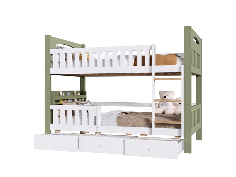  Lit superposé enfant 90 × 200 cm 2 places avec 3 tiroirs, échelle et étagère, sans matelas, en bois, blanc et vert  - Conforama A
