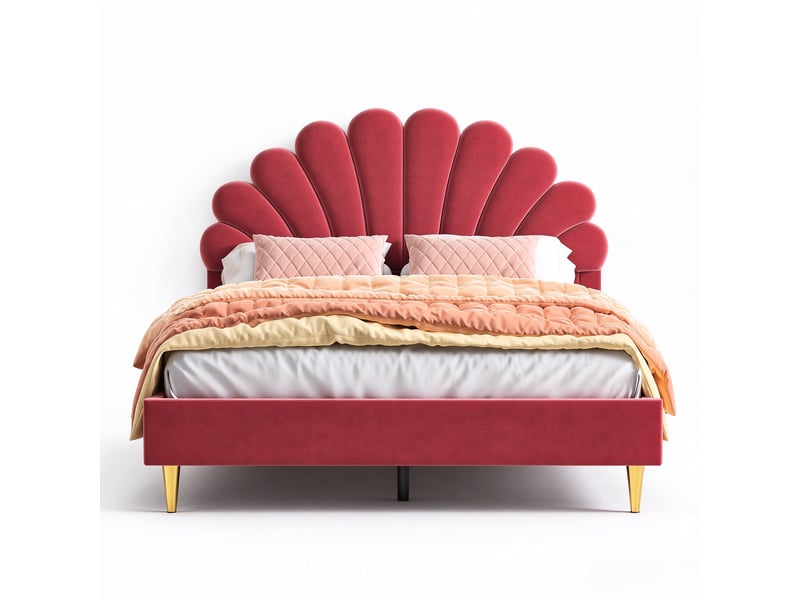 Lit enfant 140x200 cm avec tête de lit fleur et sommier à lattes, lit 2 places, tissu velours, bordeaux, sans matelas  - Conforama A