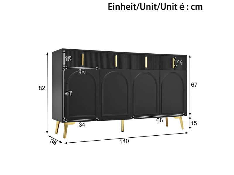 Buffet 4 portes et 4 tiroirs 140x38x82 cm en mdf noir à poignées dorées - Conforama C