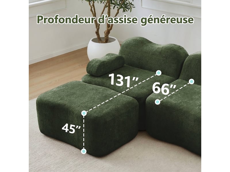  Canapé modulable 3 places d'angle en velours vert avec pouf - mousse 32d assise profonde  - Conforama W
