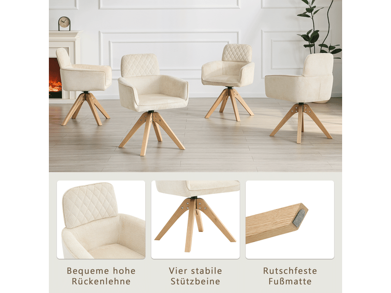 Chaise de salle à manger 2 pièces tissu à motif losange crème chaise repas pivotantes à 360° style wabi-sabi pieds en bois massif structure de soutien carrée - Conforama E