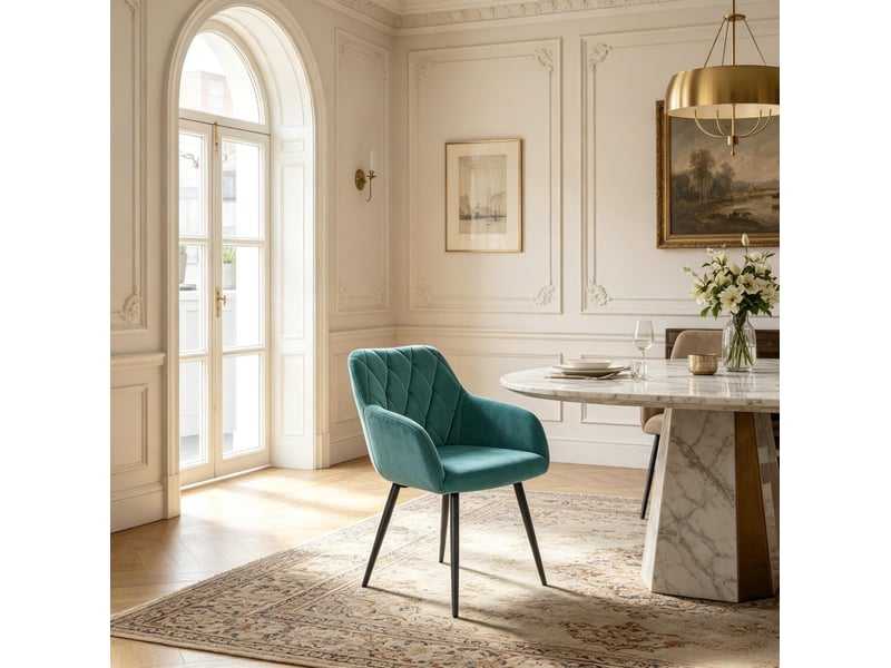  Chaise de salle à manger en velours bleu sarcelle avec accoudoirs, 79 cm  - Conforama E