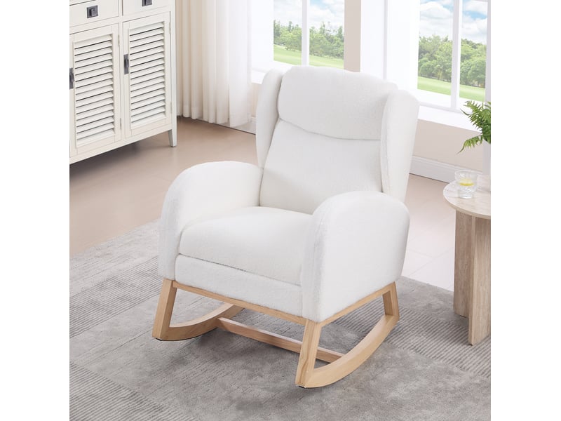  Fauteuil à bascule  70x96-122,5x104 cm, repose-pieds escamotable, dossier haut, tissu teddy et bois, blanc  - Conforama D
