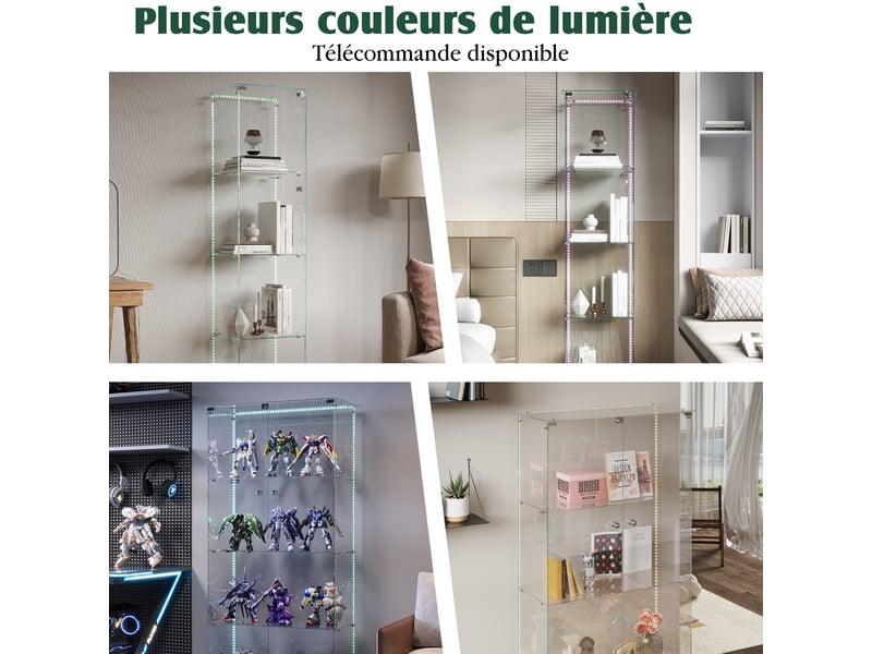  Vitrine en verre 4 niveaux double porte - 78,5 x 36,5 x 163 cm - noir - grande armoire d'exposition avec ruban led et base noire  - Conforama D