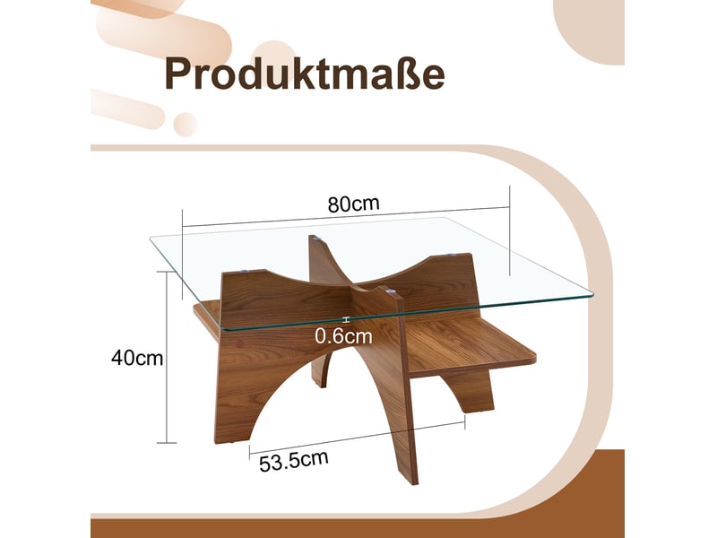  Table basse carrée 80x80x40 cm en mdf et verre de sécurité, finition noyer  - Conforama E
