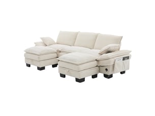 Canapé modulable 3 places 260x132x84 cm beige en velours côtelé, avec 2 poufs, usb-c et rangements latéraux