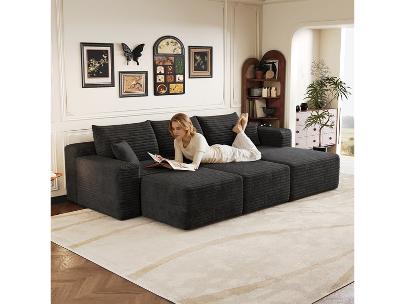  Canapé d’angle 3 places en velours côtelé camel, canapé en l pour salon, assise profonde avec méridienne, 241 cm  - Conforama D