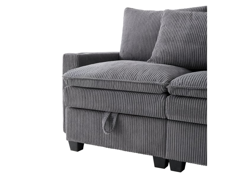  Canapé d'angle modulable 280x151x82 cm, porte-gobelets, ports usb et rangements, finition velours côtelé gris  - Conforama E