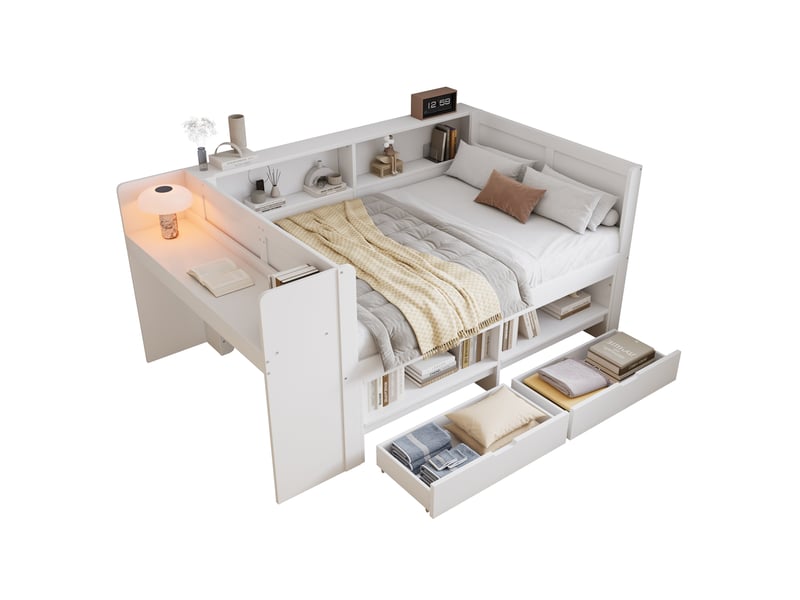 Lit combiné 120 × 200 cm avec bureau intégré, armoire, 2 tiroirs, niches ouvertes et entourage, blanc, pour chambre - Conforama A