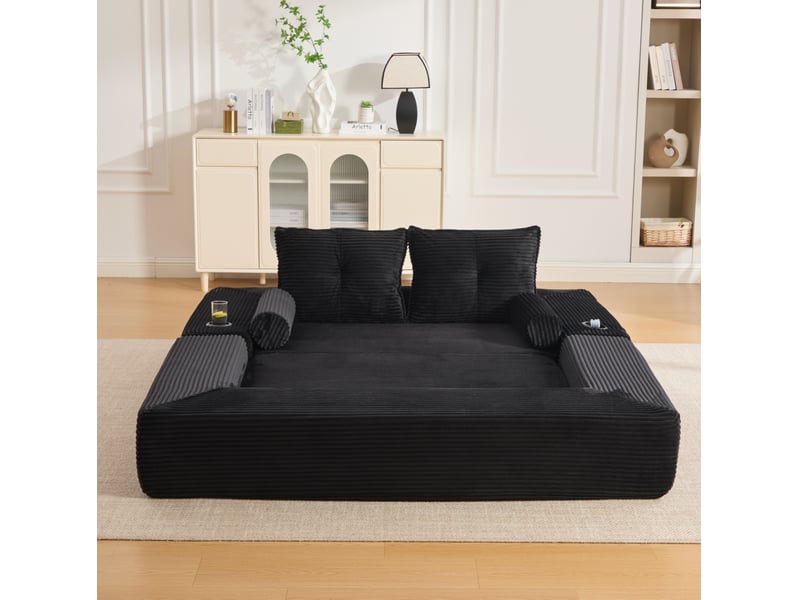 Canapé convertible 2 places modenvie en velours côtelé noir avec accoudoirs amovibles  - Conforama D