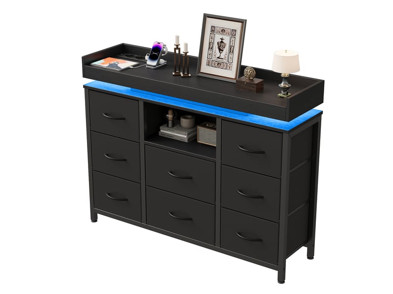 Commode avec 8 tiroirs en tissu,armoire avec led et station de recharge,cadre en métal,100x30x82cm,noir,style moderne - Conforama A
