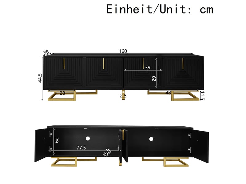  Meuble tv 160 cm noir à 4 portes texturées avec poignées et pieds dorés  - Conforama C