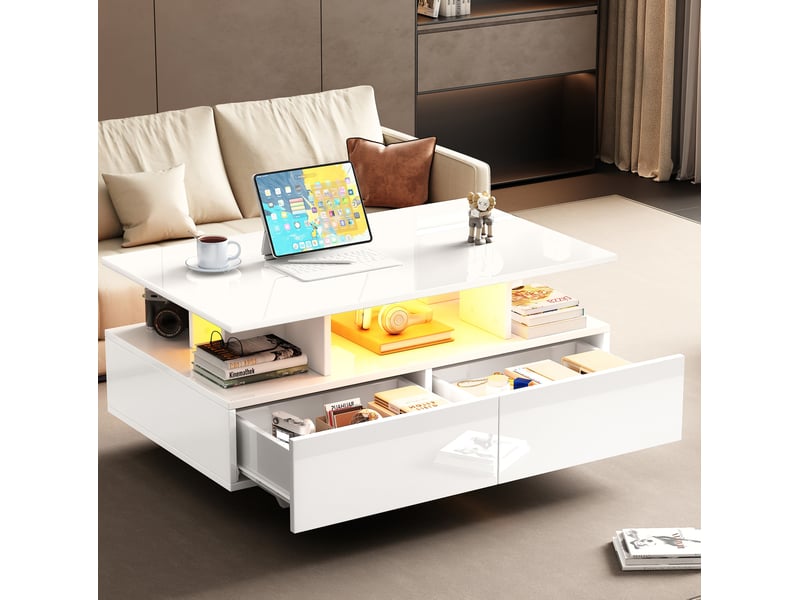  Table basse 90x55x41 cm rectangulaire, stockage creux, rangements ouverts, 2 tiroirs, led, table de salon, pb, blanc  - Conforama D