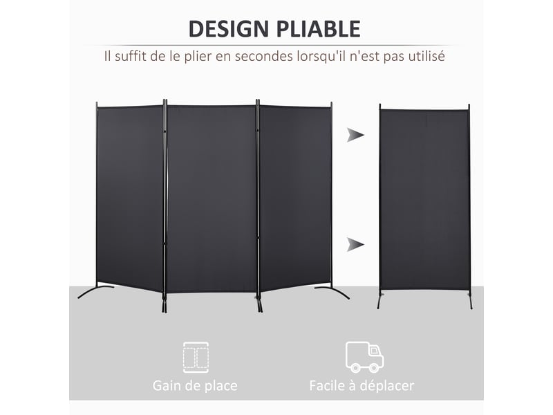  Paravent 3 panneaux dim. 2,53l x 0,5l x 1,82h m store latéral brise-vue paravent sur pied métal séparateur polyester  - Conforama A