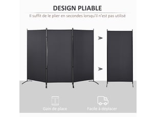 Paravent 3 panneaux dim. 2,53l x 0,5l x 1,82h m store latéral brise-vue paravent sur pied métal séparateur polyester