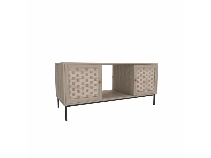  Table basse 106x50x47.5 cm avec 2 portes coulissantes en métal et bois coloris bois clair, design naturel  - Conforama A