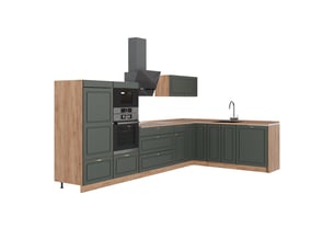 Vicco cuisine en angle, vert or campagnechêne de force doré, 347 x 207 cm, pt chêne