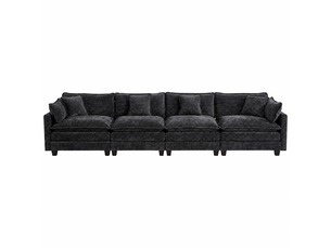 Canapé droit modulable 4 places 380 × 75 × 84 cm en chenille noir, coussins rembourrés