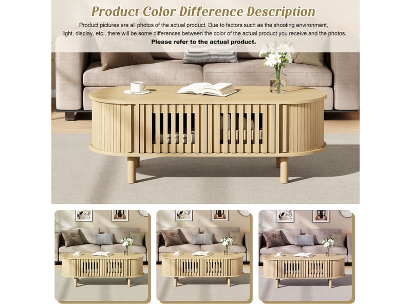 Table basse avec rangement 100 x 40 x 38 cm forme ovale en mdf deux portes à lames et porte à enroulement pieds en bois massif charge maximale de 30 kg teinte bois clair - Conforama D