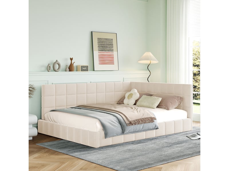  Lit banquette enfant rembourré 140 x 200 cm avec sommier à lattes, velours, beige Fay Lum - Conforama E