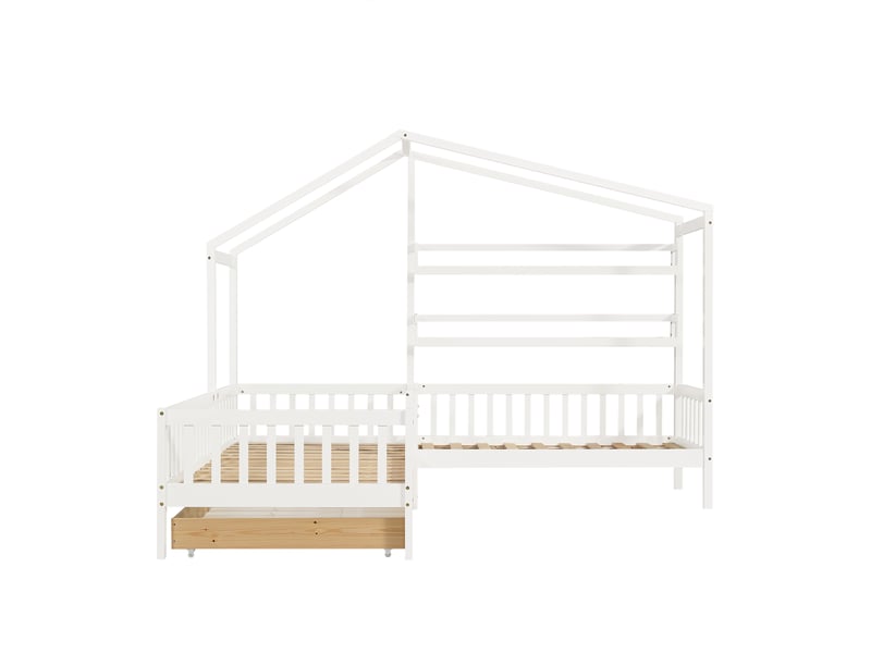  Lit cabane blanc en l avec garde-corps, tiroirs et étagères  - Conforama R