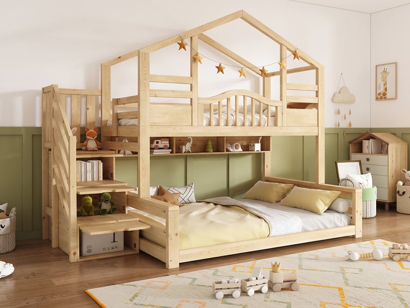  Lit superposé cabane 90 et 140x200 cm, escalier avec rangements et 3 étagères, structure en pin massif et mdf, beige  - Conforama B