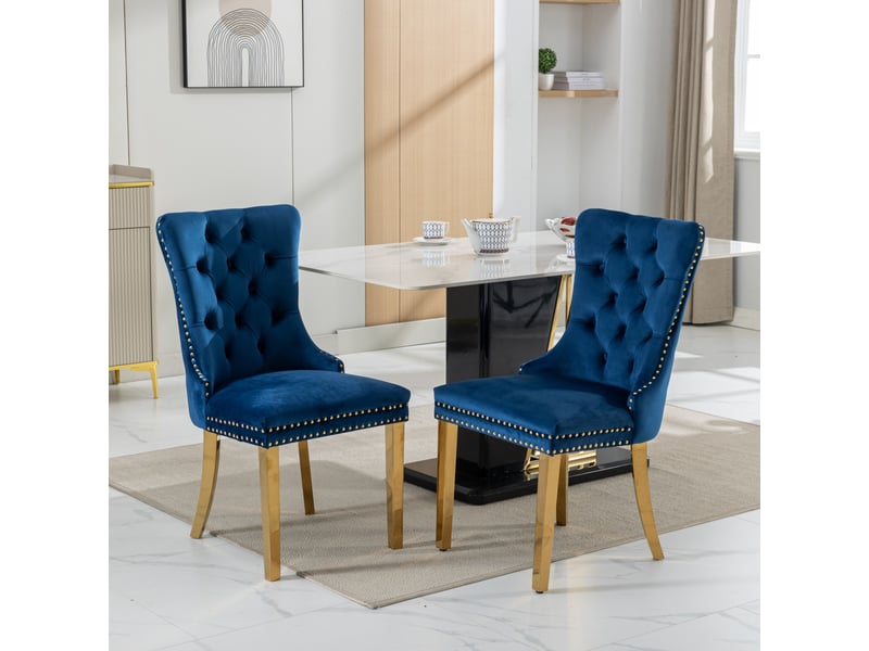  Lot de 2 chaises velours bleu – piètement inox doré, clous décoratifs, design moderne et élégant  - Conforama B
