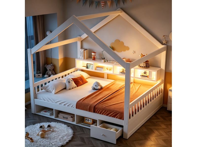 Lit 140x200 cm avec cadre en toit, rangements, éclairage et prises, bois et mdf couleur blanc sans matelas - Conforama D