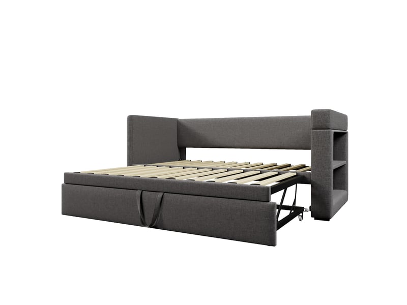 Lit banquette gigogne 90x190 cm gris, tissu lin mélangé, usb-c et porte-gobelet  - Conforama E
