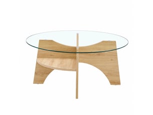 Table basse ronde en verre, diamètre 80 cm, pieds en mdf aspect bois naturel