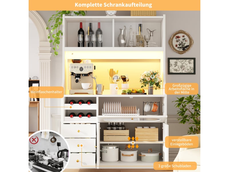  Armoire blanche 120cm, led rgb app, portes verre coulissantes, porte-vin, portes relevables, 3 tiroirs, cuisine et salle à manger  - Conforama C