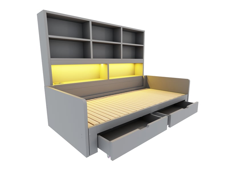  Lit banquette 90x200 cm extensible 180 cm avec rangement led et prises, mdf gris, sans matelas  - Conforama E