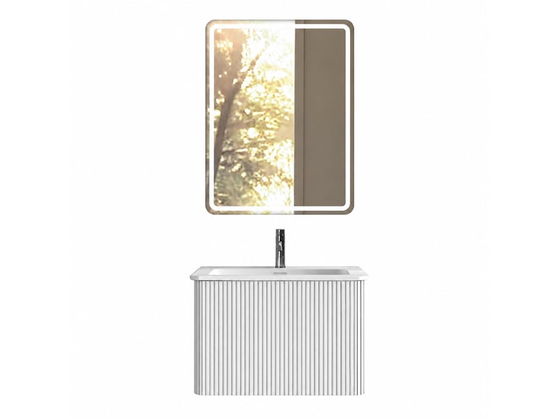  Ensemble meuble vasque suspendu 60 cm avec miroir led, finition blanche  - Conforama A