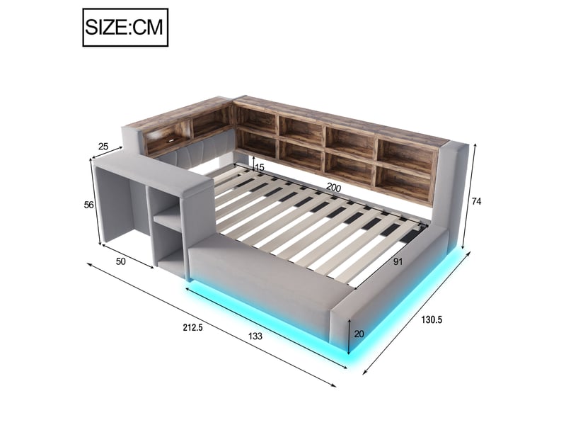 Lit combiné, 90x200 cm, doté de solutions de rangement, led, prises intégrées, matelas non inclus, mdf, coloris gris  - Conforama C