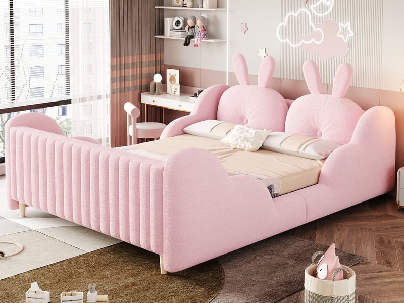  Lit capitonné en velours bouclette, 140 x 200 cm, lit enfant avec des coussins en forme de lapin, rose  - Conforama B