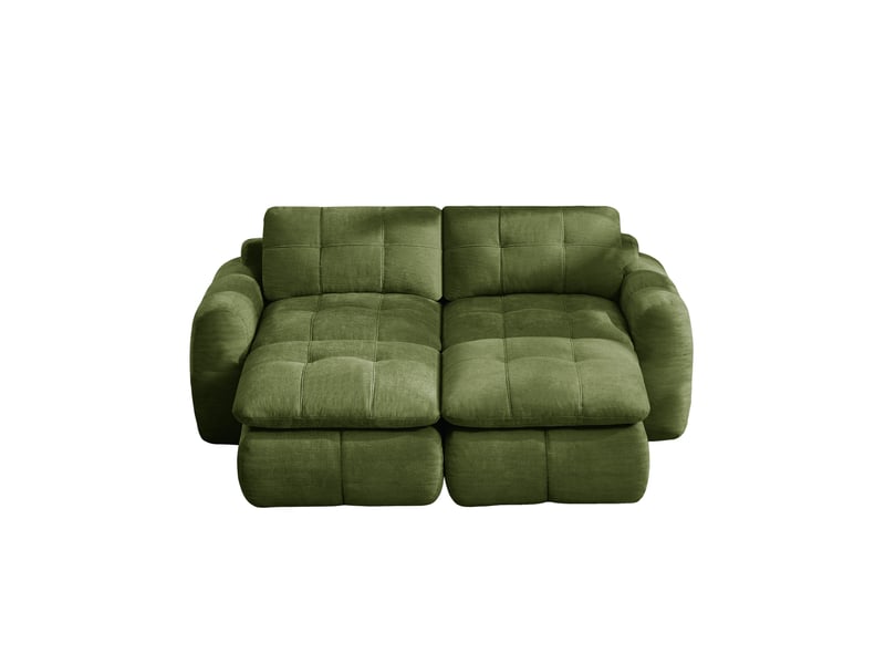 Canapé modulaire 2 places sans cadre avec 2 poufs, assise large et profonde, design matelassé en chenille vert - Conforama A