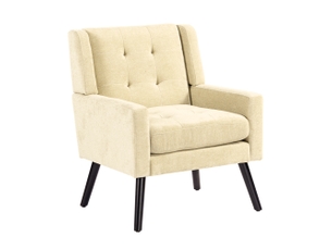 Fauteuil beige en daim capitonné, style milieu du siècle, mousse haute densité, pieds bois massif, salonchambrebureau