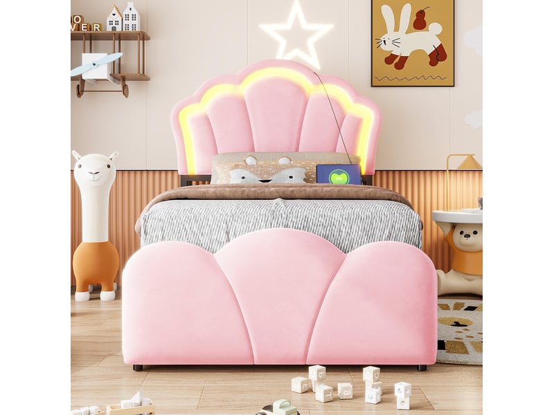  Lit, 90x200 cm, espace nuit, doté d’un espace de rangement hydraulique, led, matelas non inclus, velours, coloris rose  - Conforama D