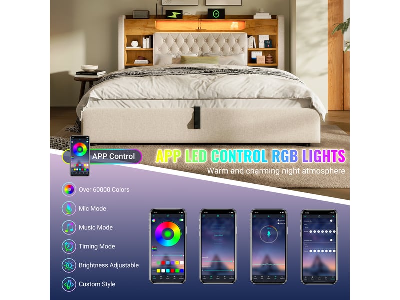  Lit coffre 160 × 200 cm 2 places avec led, usb, type-c et étagères, sans matelas, en tissu beige  - Conforama E