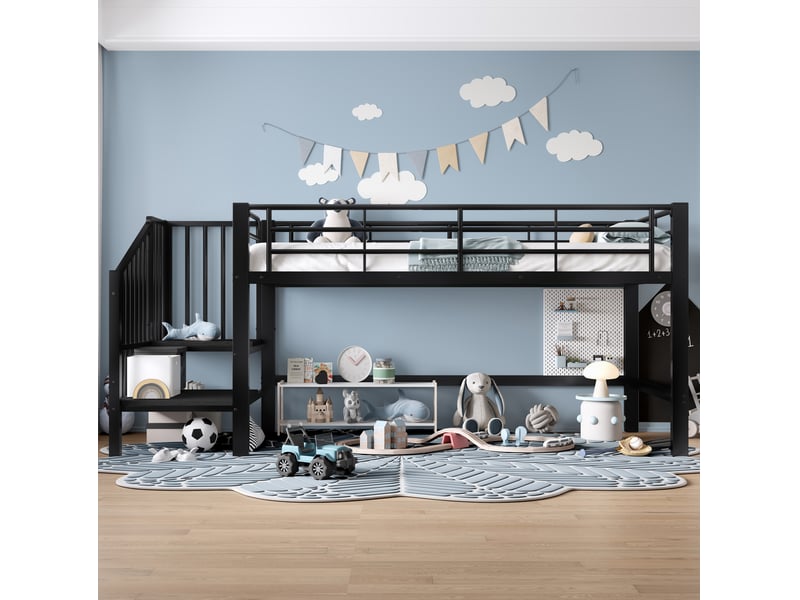  Modenvie lit mezzanine mi-hauteur 90x200 cm - escalier de rangement, sommier inclus - noir  - Conforama D