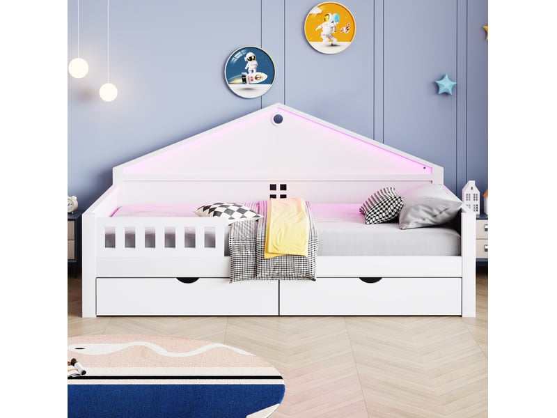  Lit enfant simple 90x200 cm avec 2 tiroirs, bande led pilotée sommier à lattes, bois et mdf blanc sans matelas  - Conforama D