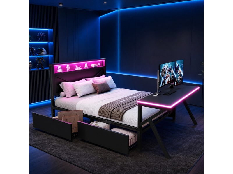 Lit enfant gaming 140x200 cm, 2 tiroirs, usb, en mdf, métal, noir, bureau éclairage led, tête de lit éclairage led, sans matelas - Conforama B