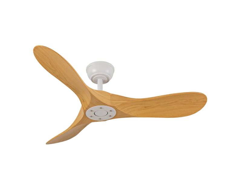  Ventilateur de plafond 107x107x38 cm avec télécommande 6 vitesses, 3 pales abs, moteur dc réversible, sans éclairage, blanc et naturel  - Conforama A