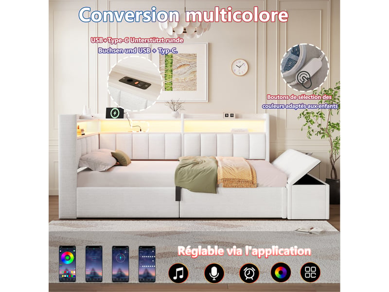 Lit coffre hydraulique 90x200 cm avec led, usb-a et usb-c, banc coffre et tête réversible, tissu lin crème, sans matelas - Conforama D