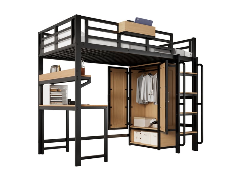  Lit mezzanine enfant 90x200 cm noir et naturel avec bureau et armoire  - Conforama A