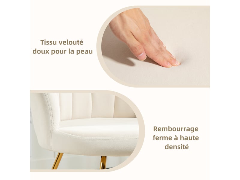  Fauteuil coquillage en velours avec pieds en acier crème 69x64x80 cm  - Conforama E